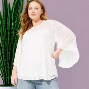 Torrid White Flocked Mesh Crew Neck Bell Sleeve Swing Top Plussize 2X NWT